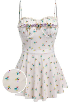 Best Retro Stage 2PCS 1950s Floral One-Piece Swimsuit & Skirt Beige