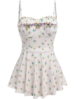 Best Retro Stage 2PCS 1950s Floral One-Piece Swimsuit & Skirt Beige
