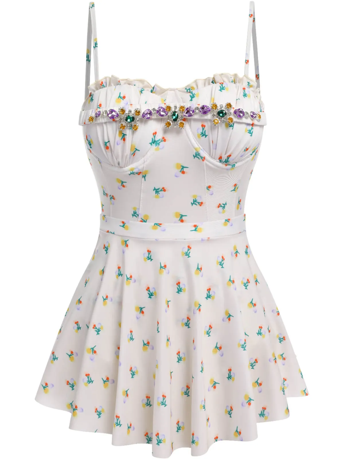 Best Retro Stage 2PCS 1950s Floral One-Piece Swimsuit & Skirt Beige