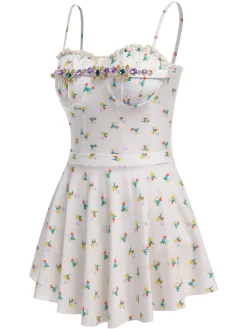 Best Retro Stage 2PCS 1950s Floral One-Piece Swimsuit & Skirt Beige