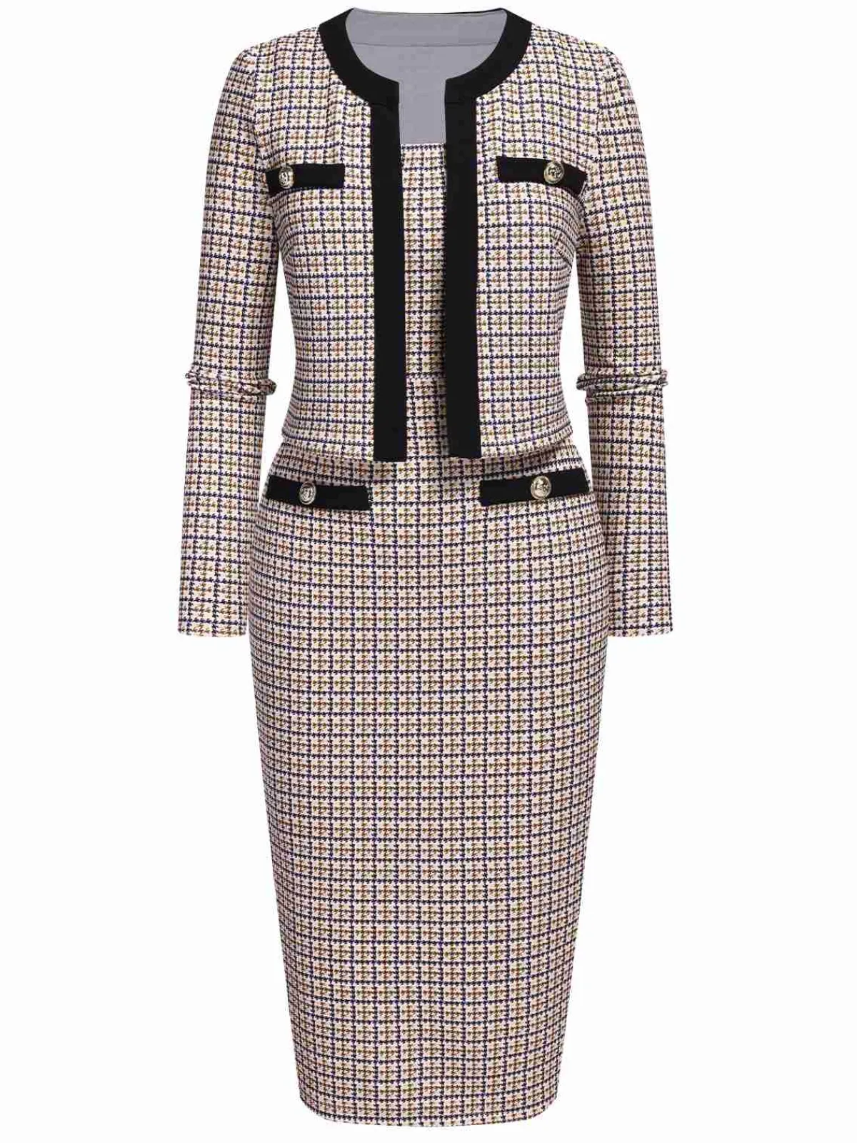 Fashion Retro Stage 2PCS 1960s Knitted Straps Pencil Dress & Short Coat Beige