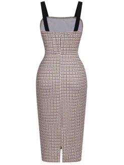 Fashion Retro Stage 2PCS 1960s Knitted Straps Pencil Dress & Short Coat Beige