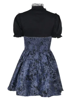 Fashion Retro Stage 2PCS 1980s Gothic Cape Cardigan & Floral Embroidered Dress Black & Blue
