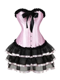 Hot Retro Stage 2PCS 1980s Steampunk Strapless Corset & Skirt Black & Pink