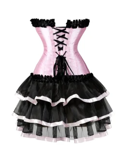 Hot Retro Stage 2PCS 1980s Steampunk Strapless Corset & Skirt Black & Pink