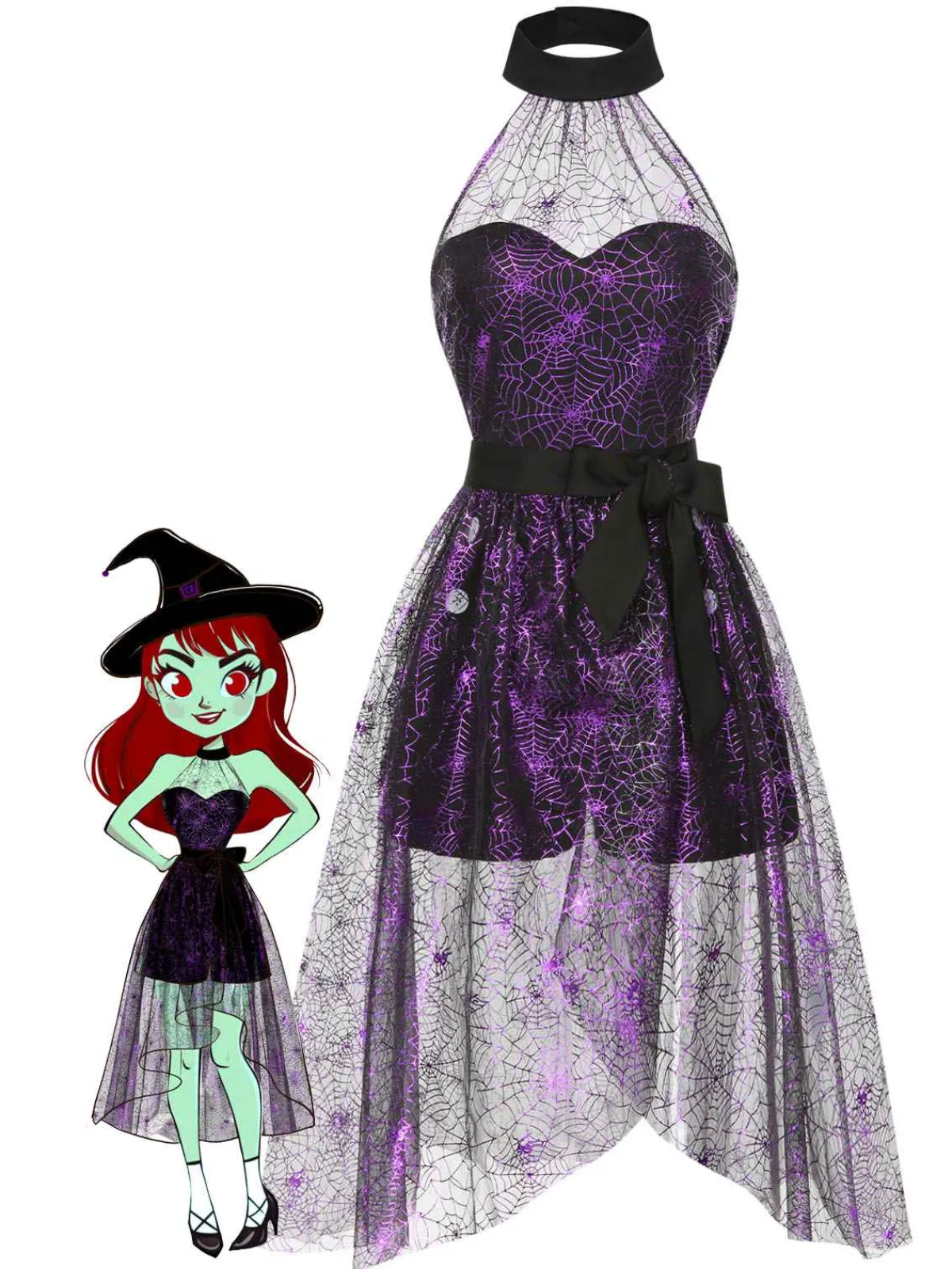 Fashion Retro Stage 2PCS & Purple 1950s Spiderweb Mesh Romper & Skirt Cover-Up Black