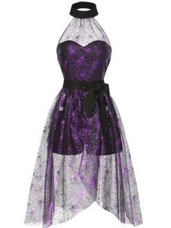 Fashion Retro Stage 2PCS & Purple 1950s Spiderweb Mesh Romper & Skirt Cover-Up Black