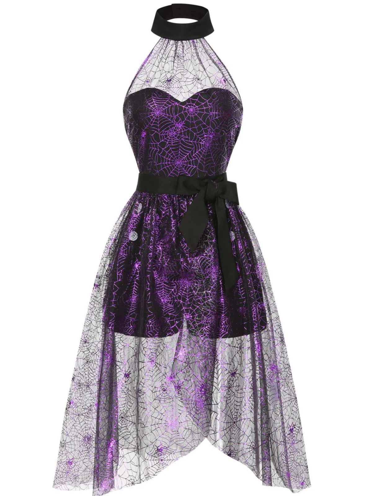 Fashion Retro Stage 2PCS & Purple 1950s Spiderweb Mesh Romper & Skirt Cover-Up Black