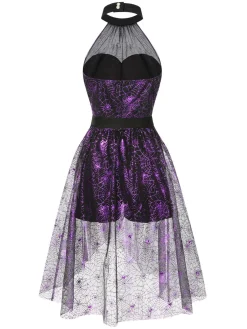 Fashion Retro Stage 2PCS & Purple 1950s Spiderweb Mesh Romper & Skirt Cover-Up Black