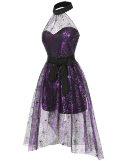 Fashion Retro Stage 2PCS & Purple 1950s Spiderweb Mesh Romper & Skirt Cover-Up Black