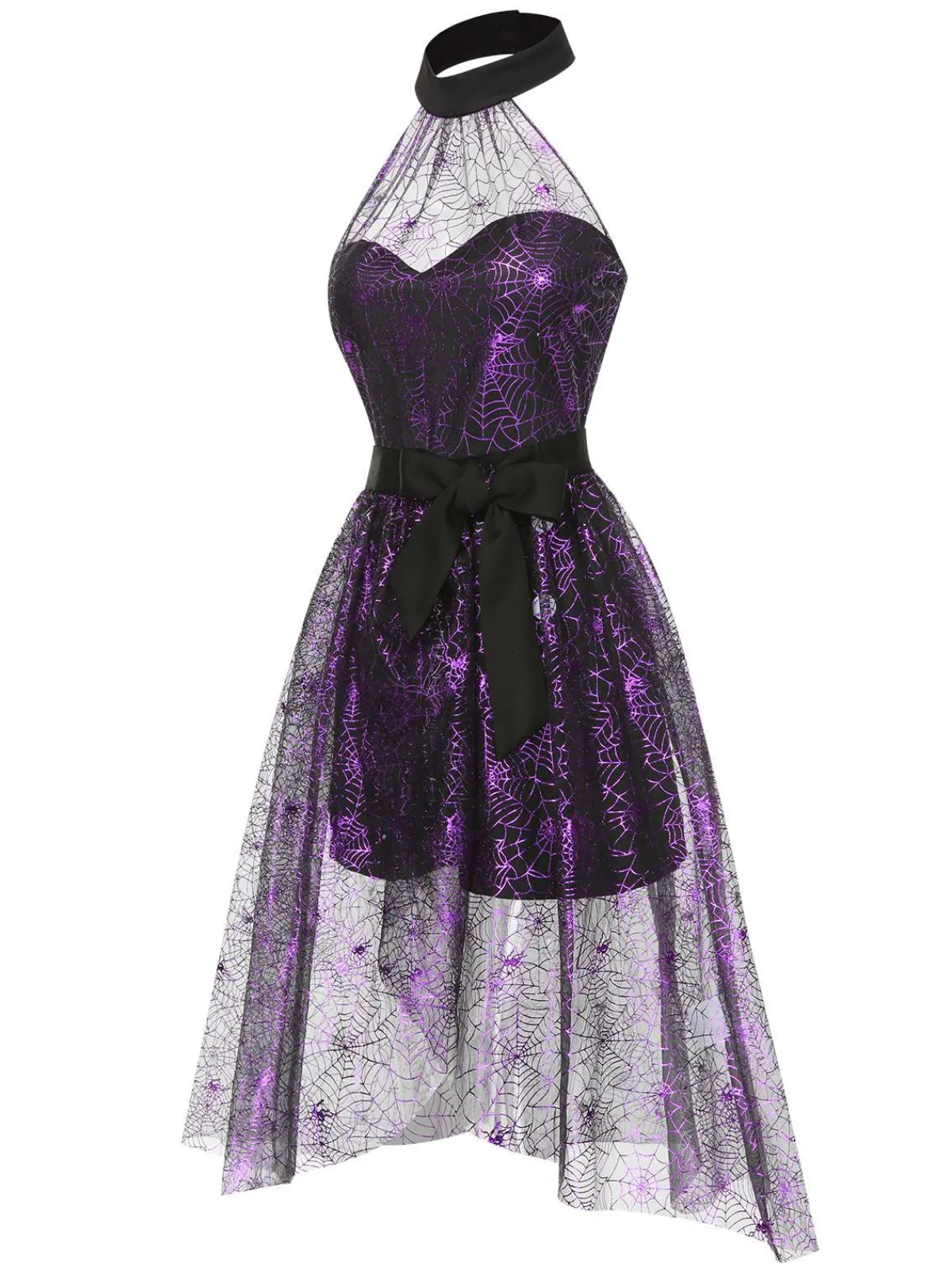 Fashion Retro Stage 2PCS & Purple 1950s Spiderweb Mesh Romper & Skirt Cover-Up Black