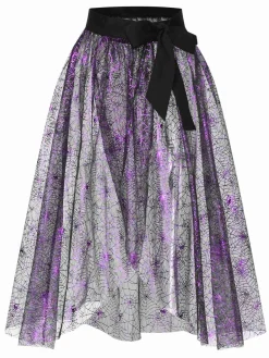 Fashion Retro Stage 2PCS & Purple 1950s Spiderweb Mesh Romper & Skirt Cover-Up Black