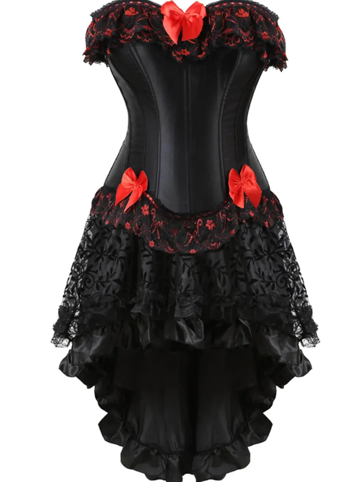 Online Retro Stage 2PCS Black & 1970s Steampunk Bow Corset & Skirt Red
