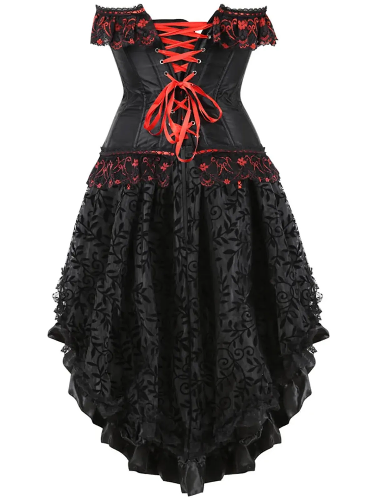Online Retro Stage 2PCS Black & 1970s Steampunk Bow Corset & Skirt Red