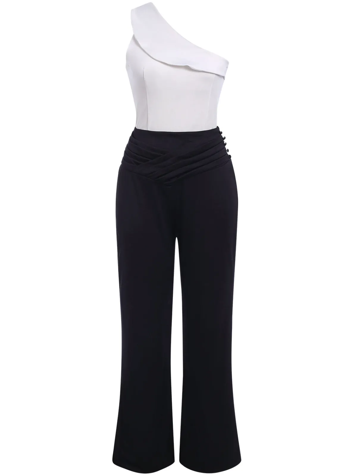 New Retro Stage 2PCS & White 1950s One-Shoulder Top & Pants Black