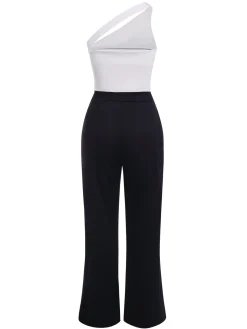 New Retro Stage 2PCS & White 1950s One-Shoulder Top & Pants Black