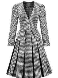 Clearance Retro Stage 2PCS Black Retro Plaid Blazer & Panel Skirt