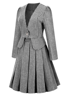 Clearance Retro Stage 2PCS Black Retro Plaid Blazer & Panel Skirt