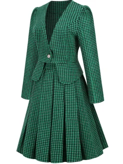 Clearance Retro Stage 2PCS Black Retro Plaid Blazer & Panel Skirt