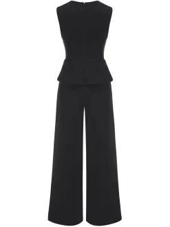 Fashion Retro Stage 2PCS 1960s Double Breasted Sleeveless Vest & Wide Leg Pants Black