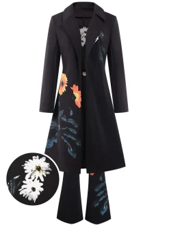 Best Retro Stage 3PCS 1960s Floral Long Coat & Top & Pants Suit Set Black