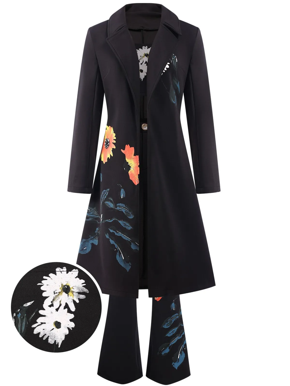 Best Retro Stage 3PCS 1960s Floral Long Coat & Top & Pants Suit Set Black
