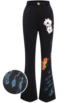 Best Retro Stage 3PCS 1960s Floral Long Coat & Top & Pants Suit Set Black