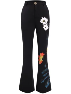 Best Retro Stage 3PCS 1960s Floral Long Coat & Top & Pants Suit Set Black