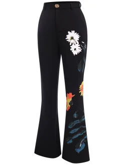 Best Retro Stage 3PCS 1960s Floral Long Coat & Top & Pants Suit Set Black