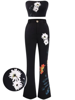 Best Retro Stage 3PCS 1960s Floral Long Coat & Top & Pants Suit Set Black