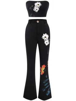 Best Retro Stage 3PCS 1960s Floral Long Coat & Top & Pants Suit Set Black
