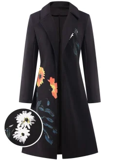 Best Retro Stage 3PCS 1960s Floral Long Coat & Top & Pants Suit Set Black