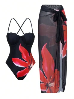 Sale Retro Stage 2PCS 1950s Floral Swimsuit & Cover-Up Black