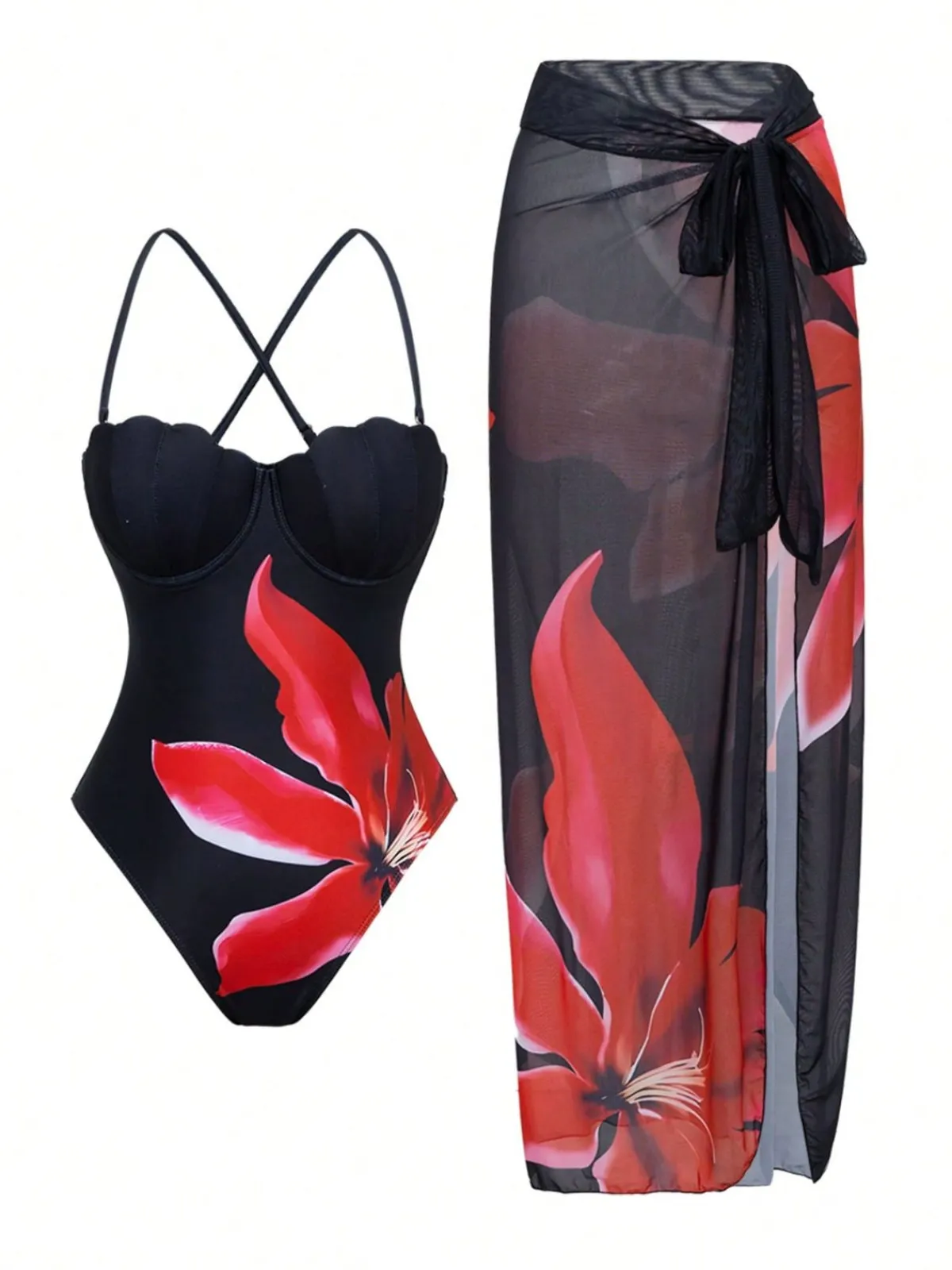 Sale Retro Stage 2PCS 1950s Floral Swimsuit & Cover-Up Black