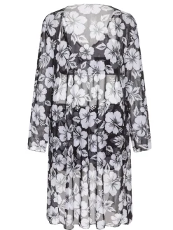 Online Retro Stage 3PCS 1950s Flowers Swimsuit & Cover-Up Black