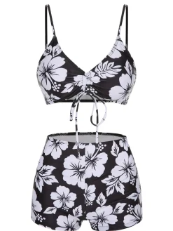 Online Retro Stage 3PCS 1950s Flowers Swimsuit & Cover-Up Black