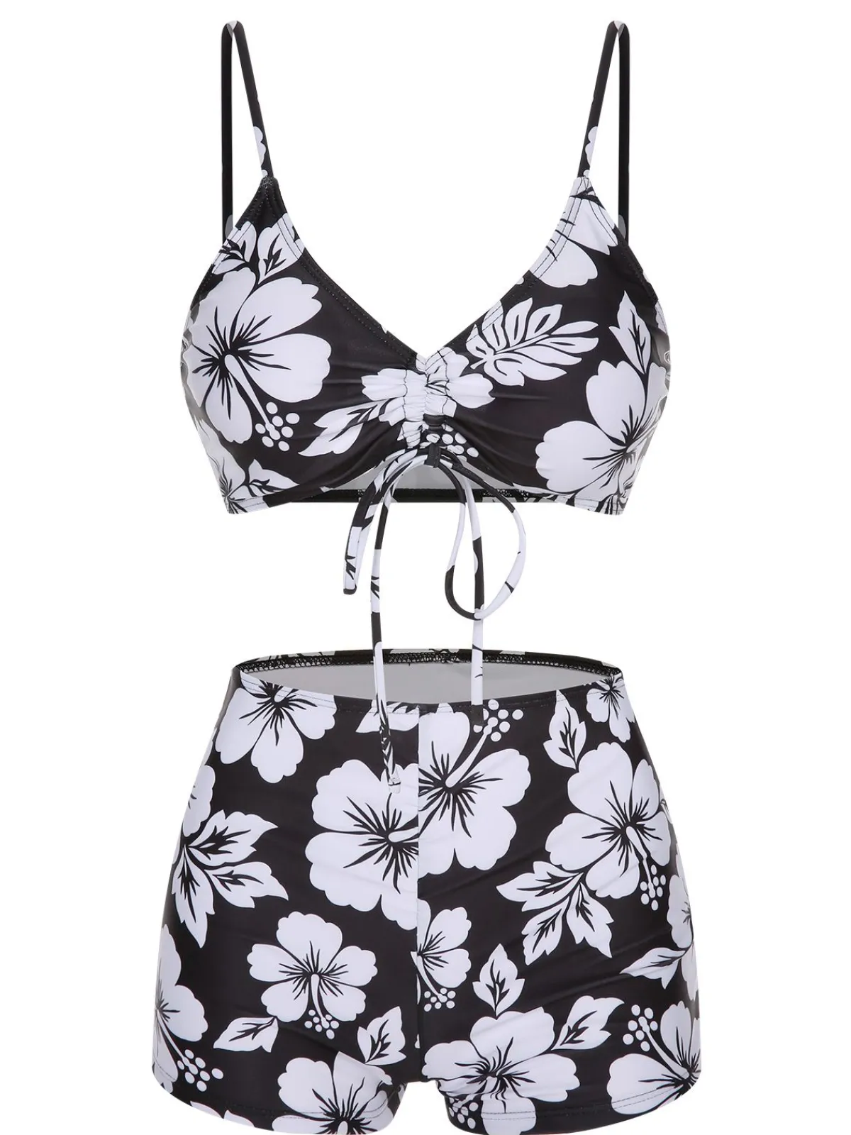 Online Retro Stage 3PCS 1950s Flowers Swimsuit & Cover-Up Black