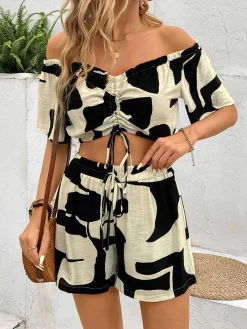 Clearance Retro Stage 2PCS Black 1950s Geometric Off-Shoulder Drawstring Top & Shorts Black & Beige