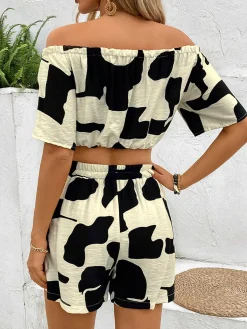 Clearance Retro Stage 2PCS Black 1950s Geometric Off-Shoulder Drawstring Top & Shorts Black & Beige