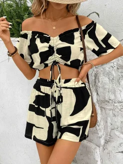 Clearance Retro Stage 2PCS Black 1950s Geometric Off-Shoulder Drawstring Top & Shorts Black & Beige