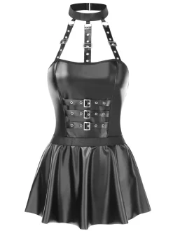Outlet Retro Stage 2PCS 1980s Gothic PU Leather Halter Top & Skirt Black