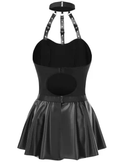 Outlet Retro Stage 2PCS 1980s Gothic PU Leather Halter Top & Skirt Black