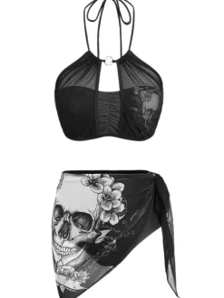 New Retro Stage 2PCS 1980s Gothic Skull Mesh Halter Bikini Set & Cover Up Black