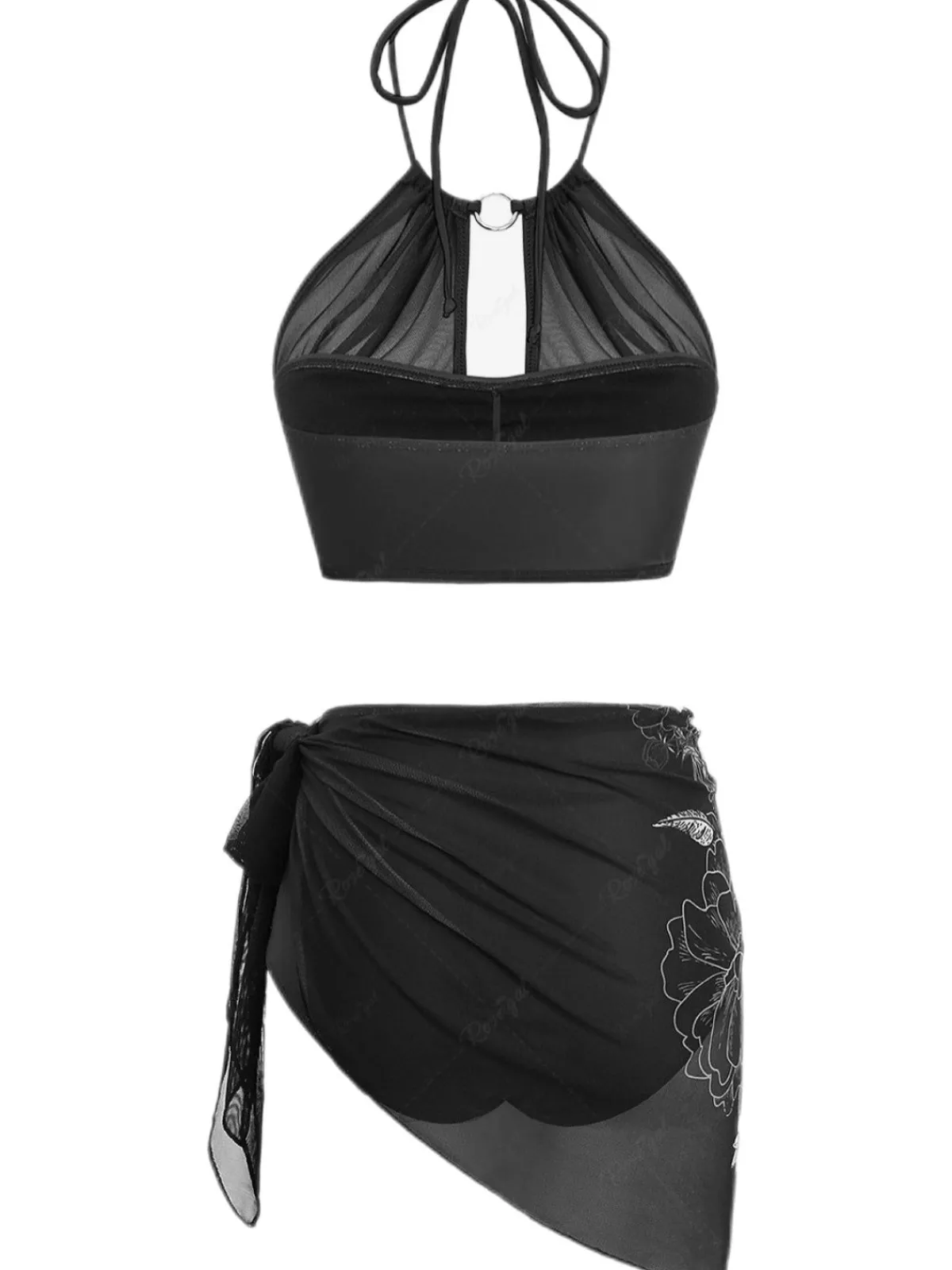New Retro Stage 2PCS 1980s Gothic Skull Mesh Halter Bikini Set & Cover Up Black
