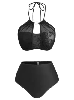 New Retro Stage 2PCS 1980s Gothic Skull Mesh Halter Bikini Set & Cover Up Black