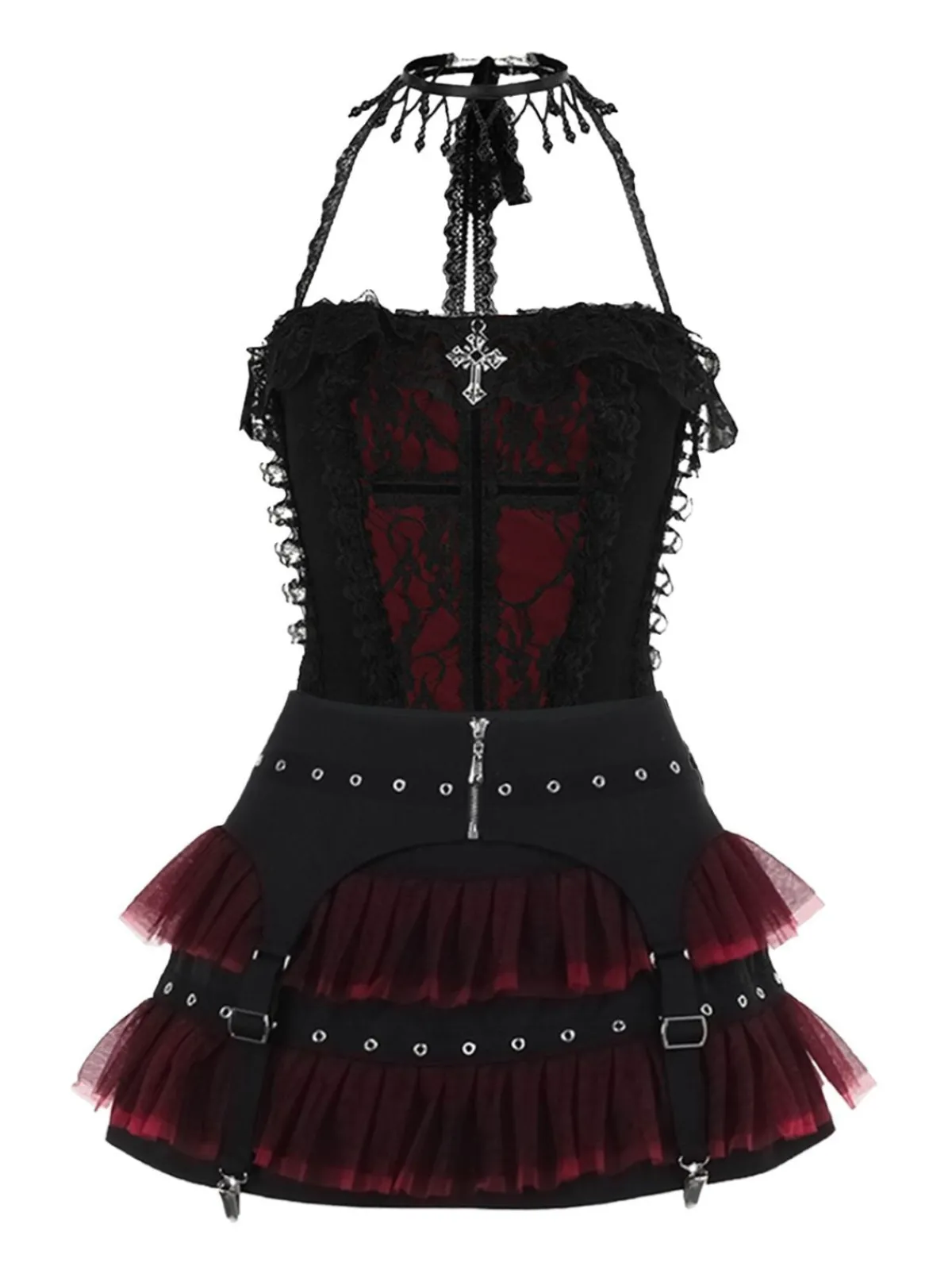 Sale Retro Stage 2PCS 1980s Gothic Steampunk Halter Cross Camisole & Mini Skirt Black