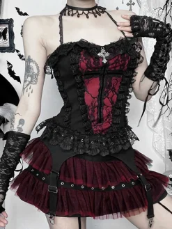 Sale Retro Stage 2PCS 1980s Gothic Steampunk Halter Cross Camisole & Mini Skirt Black