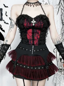 Sale Retro Stage 2PCS 1980s Gothic Steampunk Halter Cross Camisole & Mini Skirt Black