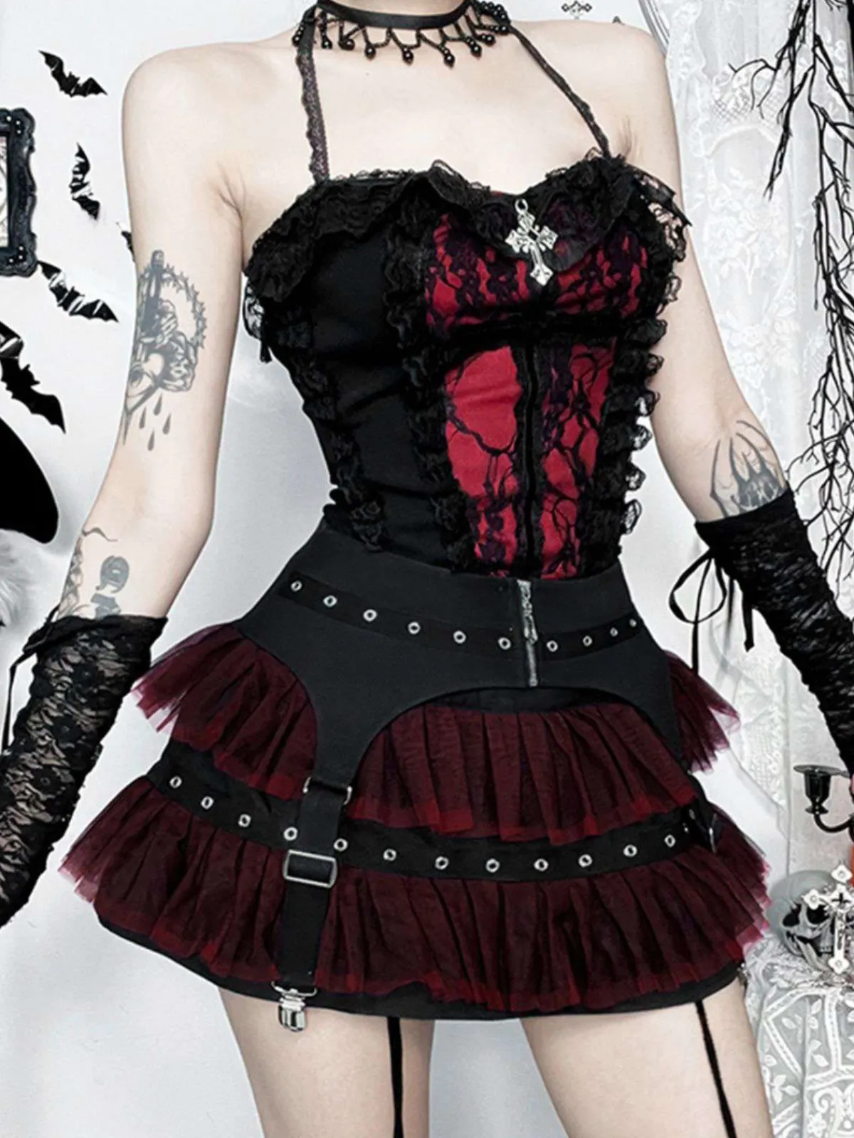 Sale Retro Stage 2PCS 1980s Gothic Steampunk Halter Cross Camisole & Mini Skirt Black