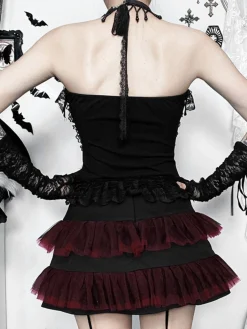 Sale Retro Stage 2PCS 1980s Gothic Steampunk Halter Cross Camisole & Mini Skirt Black